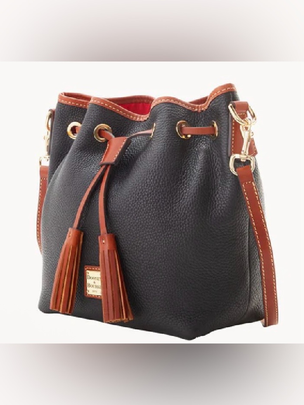 Dooney & Bourke Black Pebbled Leather Drawstring Crossbody with Brown Trim